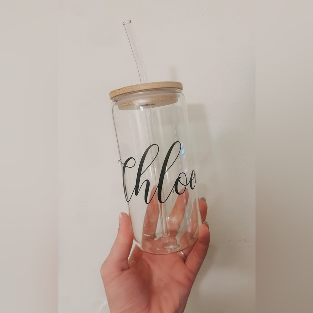 Customizable, drinking glass, wood lid, straw and cup, drinkware